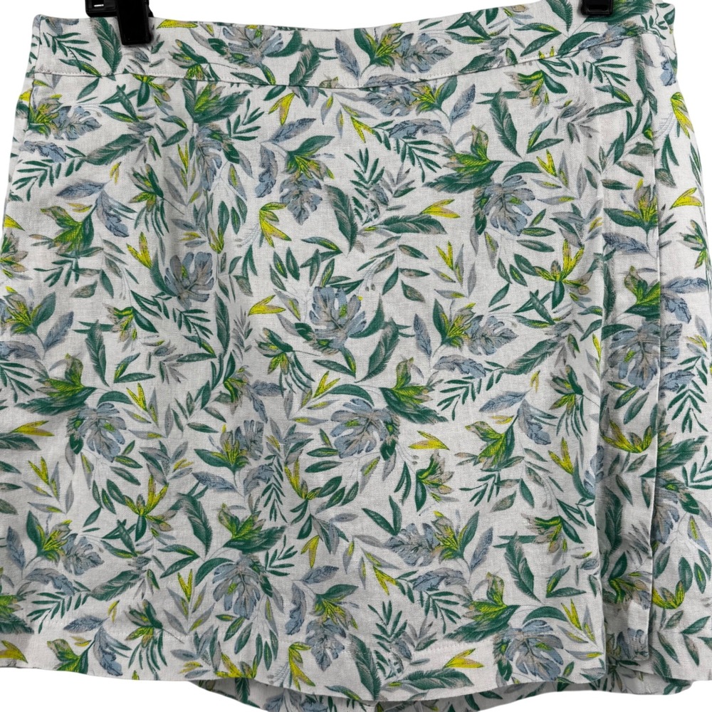 Linen Blend Tropical Leaf Print‎ Skort Green Blue Yellow Large Resort Tennis
